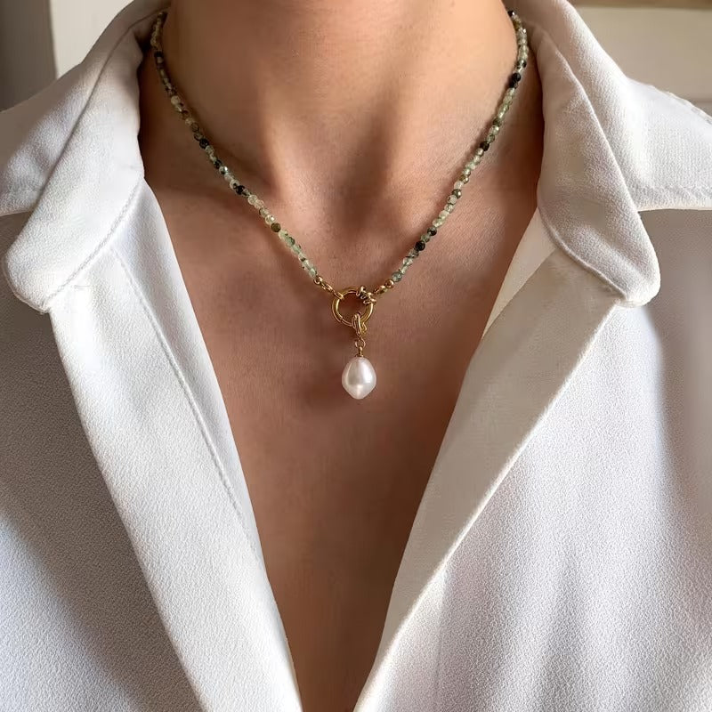 Natural Agate &amp; Aquatic Algae Bead Necklace