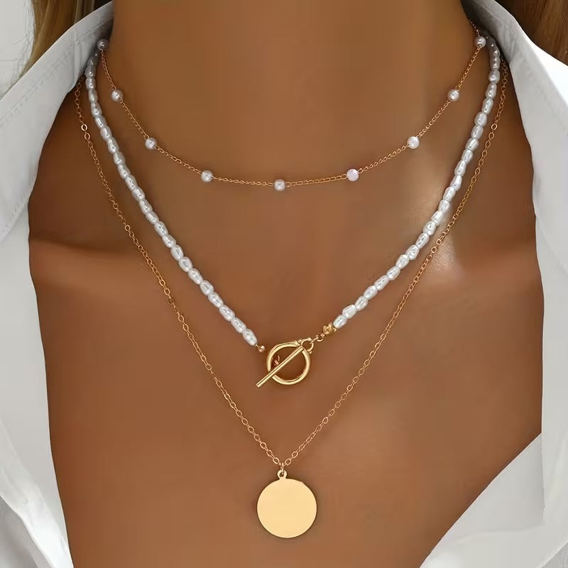 Pearl Disc Trio Necklace Set